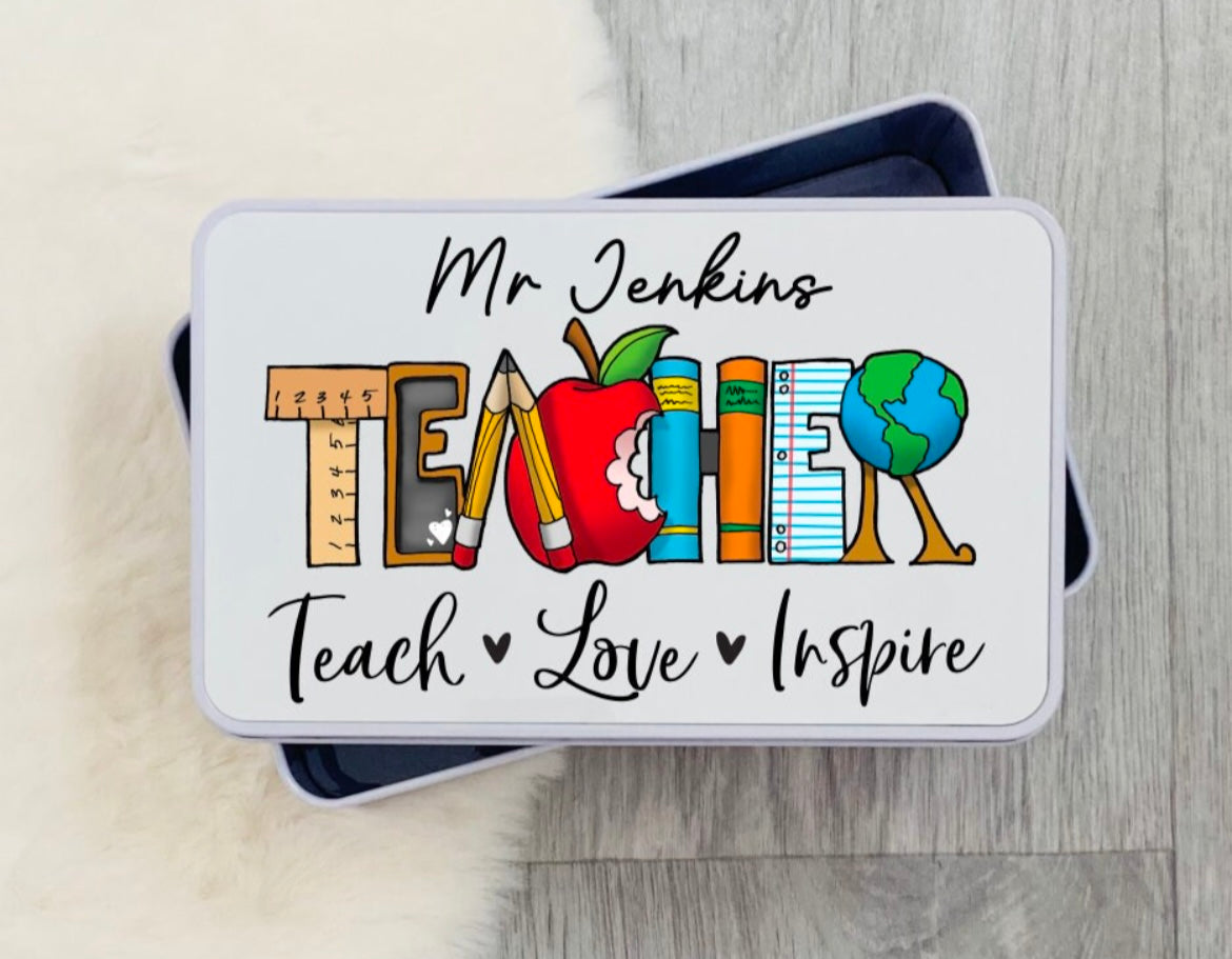 Teach Love Inspire metal tin